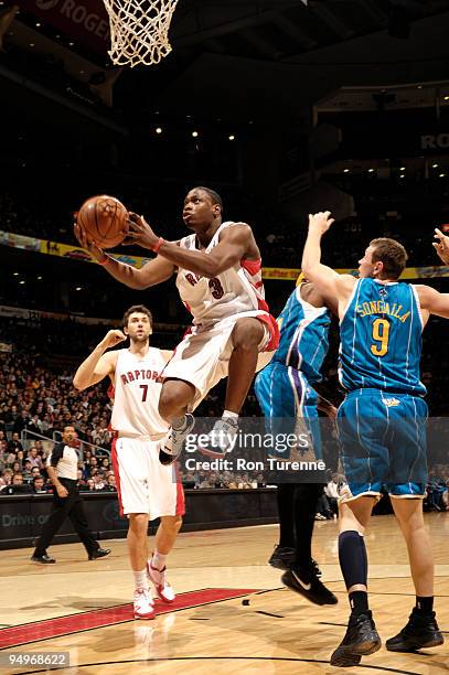 Marcus Banks of the Toronto Raptors takes the circus shot after driving past Darius Songaila of the New Orleans Hornets during a game on December 20,...