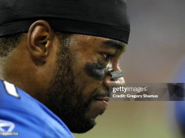 Calvin Johnson of the Detroit Lions looks on from the sideline while playing the Arizona Cardinals on December 20, 2009 at Ford Field in Detroit,...