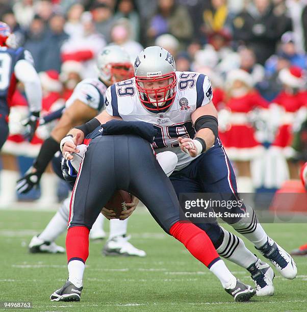 Mike Wright of the New England Patriots sacks Ryan Fitzpatrick of the Buffalo Bills at Ralph Wilson Stadium on December 20, 2009 in Orchard Park, New...