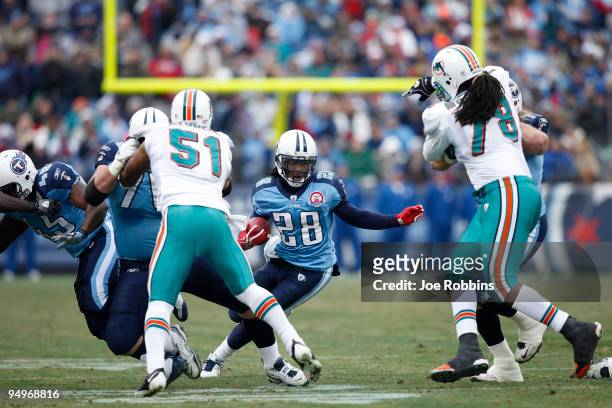 Chris Johnson of the Tennessee Titans looks for running room during first half action against the Miami Dolphins at LP Field on December 20, 2009 in...