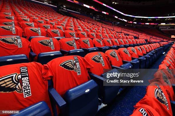 Detailed view of the playoff t-shirts prior to Game Four of the first round of the Western Conference playoffs between the New Orleans Pelicans and...