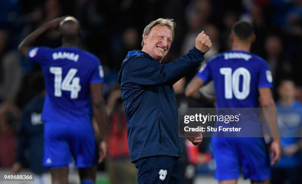 Cardiff manager Neil Warnock celebrates after the Sky Bet Championship match between Cardiff City and Nottingham Forest at Cardiff City Stadium on...