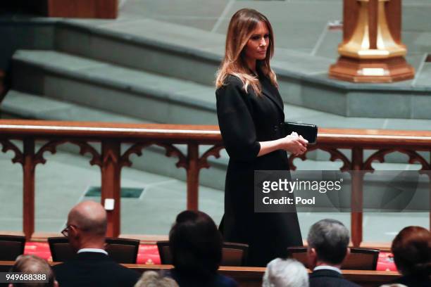 First lady Melania Trump arrives at St. Martin's Episcopal Church for a funeral service for former first lady Barbara Bush on April 21, 2018 in...