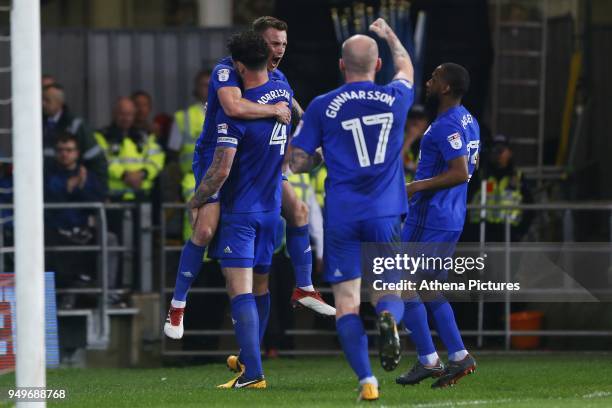 Sean Morrison of Cardiff City celebrates scoring his sides first goal of the game during the Sky Bet Championship match between Cardiff City and...