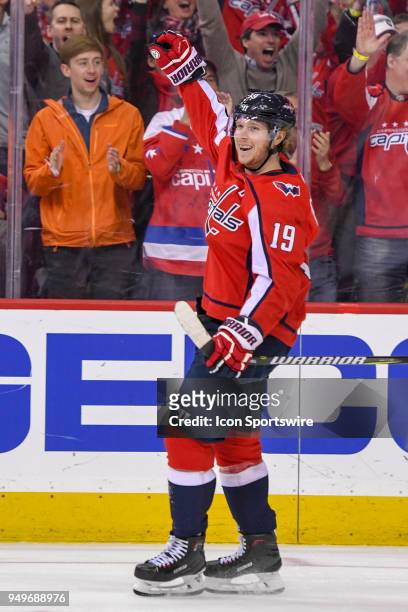Washington Capitals center Nicklas Backstrom celebrates his first period goal against the Columbus Blue Jackets during game five of the first round...