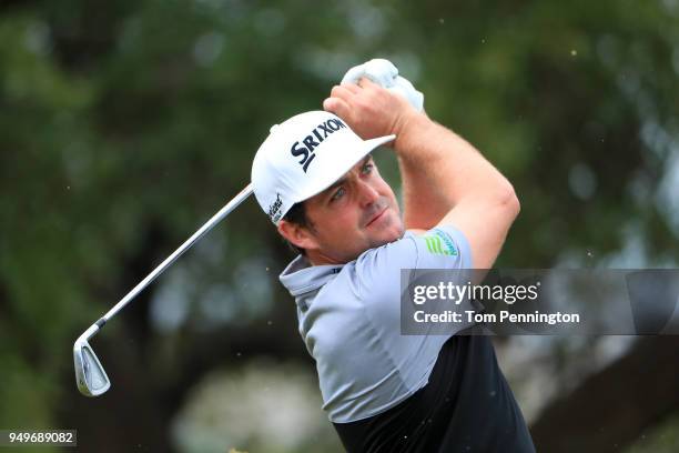 Keegan Bradley plays his shot from the seventh tee during the third round of the Valero Texas Open at TPC San Antonio AT&T Oaks Course on April 19,...