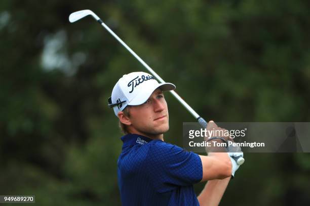 Richy Werenski plays his shot from the seventh tee during the third round of the Valero Texas Open at TPC San Antonio AT&T Oaks Course on April 19,...