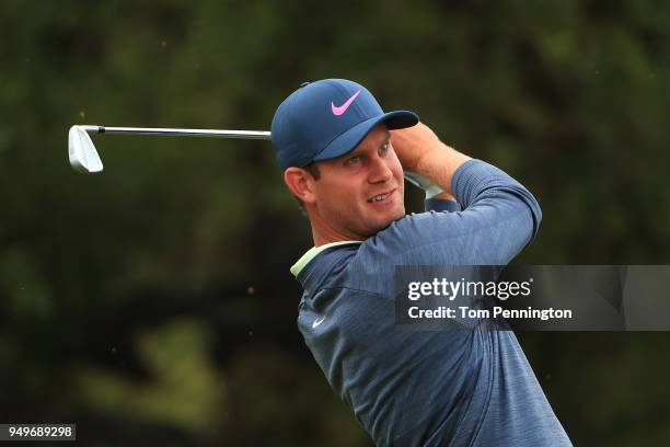 Harris English plays his shot from the seventh tee during the third round of the Valero Texas Open at TPC San Antonio AT&T Oaks Course on April 19,...