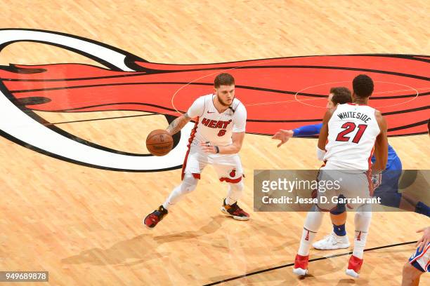 Tyler Johnson of the Miami Heat handles the ball against the Philadelphia 76ers in Game Four of Round One of the 2018 NBA Playoffs on April 21, 2018...