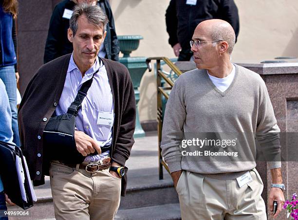 Michael Lynton, chairman and chief executive officer of Sony Pictures Entertainment Inc., left, talks with Jeffrey Katzenberg, chief executive...