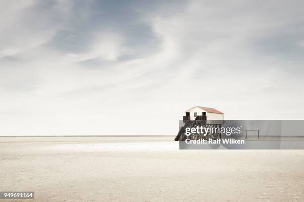 pile dwelling on the beach, sankt peter-ording, nordfriesland, schleswig-holstein, germany - st peter ording stock pictures, royalty-free photos & images