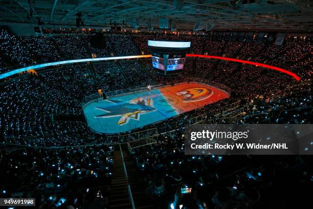 General shot of the arena during pregame introductions of Game Three of the Western Conference First Round between the Anaheim Ducks and San Jose...