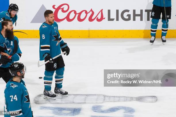 Joe Pavelski of the San Jose Sharks warms up prior to Game Three of the Western Conference First Round against the Anaheim Ducks during the 2018 NHL...