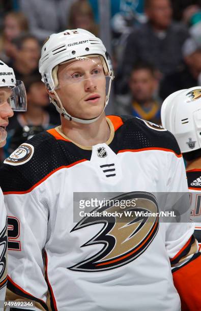 Josh Manson of the Anaheim Ducks looks on during the game against the San Jose Sharks in Game Three of the Western Conference First Round during the...