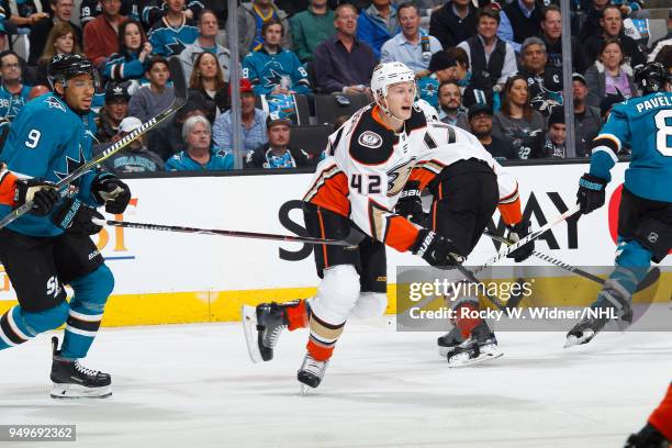 Josh Manson of the Anaheim Ducks skates against the San Jose Sharks in Game Three of the Western Conference First Round during the 2018 NHL Stanley...