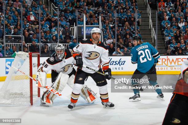 John Gibson and Kevin Bieksa of the Anaheim Ducks defend the net against the San Jose Sharks in Game Three of the Western Conference First Round...