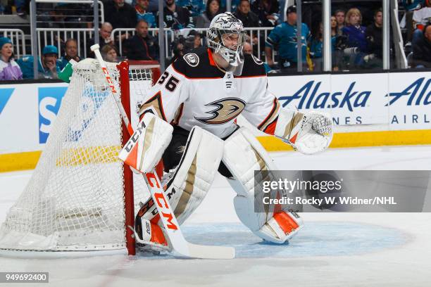 John Gibson of the Anaheim Ducks defends the net against the San Jose Sharks in Game Three of the Western Conference First Round during the 2018 NHL...