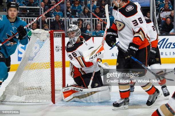 John Gibson of the Anaheim Ducks defends the net against the San Jose Sharks in Game Three of the Western Conference First Round during the 2018 NHL...