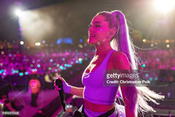 Ariana Grande performs with Kygo onstage during the 2018 Coachella Valley Music And Arts Festival at the Empire Polo Field on April 20, 2018 in...