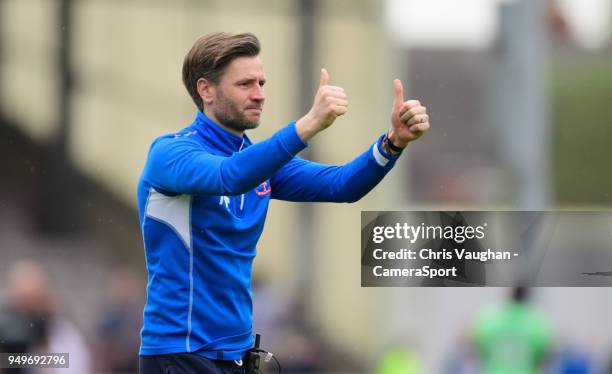 Lincoln City's assistant manager Nicky Cowley acknowledges the crowd following the Sky Bet League Two match between Lincoln City and Colchester...