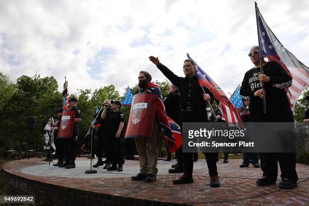 Members and supporters of the National Socialist Movement, one of the largest neo-Nazi groups in the US, hold a rally on April 21, 2018 in Newnan,...