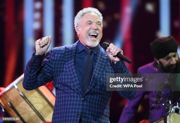 Tom Jones performs at a star-studded concert to celebrate the Queen's 92nd birthday at the Royal Albert Hall on April 21, 2018 in London, England....