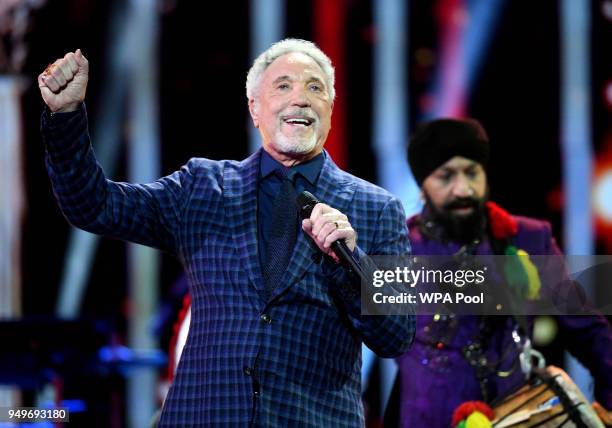 Tom Jones performs at a star-studded concert to celebrate the Queen's 92nd birthday at the Royal Albert Hall on April 21, 2018 in London, England....