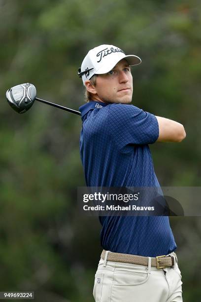 Richy Werenski plays his shot from the fifth tee during the third round of the Valero Texas Open at TPC San Antonio AT&T Oaks Course on April 19,...