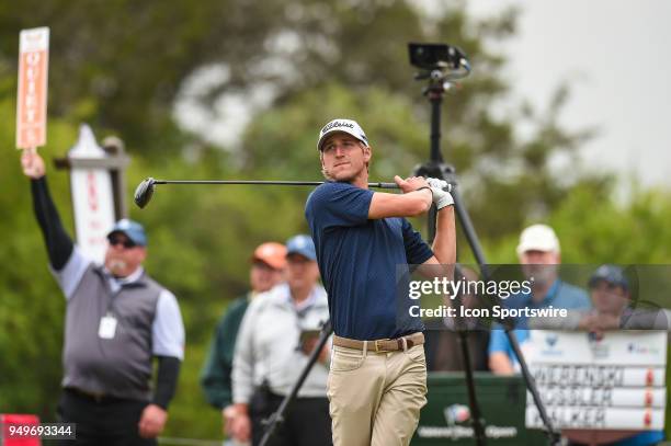 Richy Werenski watches his tee shot during the third round of the Valero Texas Open at the TPC San Antonio Oaks Course in San Antonio, TX on April...