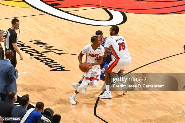 Josh Richardson of the Miami Heat handles the ball against the Philadelphia 76ers in Game Four of Round One of the 2018 NBA Playoffs on April 21,...