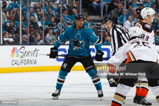 Evander Kane of the San Jose Sharks skates against the Anaheim Ducks in Game Three of the Western Conference First Round during the 2018 NHL Stanley...