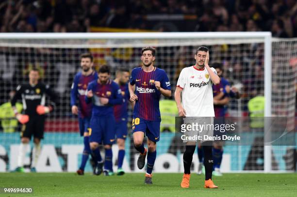 Sevilla's Sergio Escudero looks dejected after Barcelona's fifth goal during the Spanish Copa del Rey Final between Barcelona and Sevilla at Wanda...