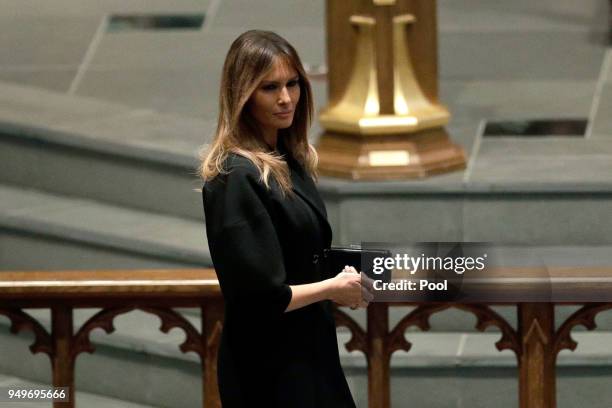 First Lady Melania Trump arrives at St. Martin's Episcopal Church for a funeral service for former first lady Barbara Bush on April 21, 2018 in...