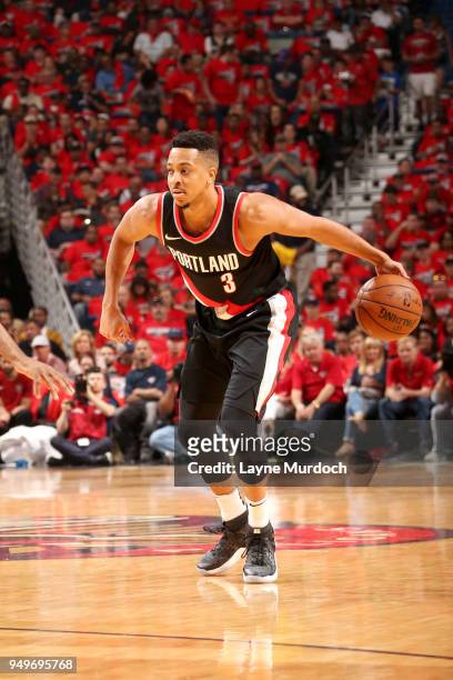 McCollum of the Portland Trail Blazers handles the ball against the New Orleans Pelicans in Game Four of Round One of the 2018 NBA Playoffs on April...