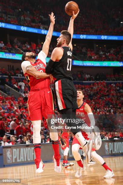 Jusuf Nurkic of the Portland Trail Blazers shoots the ball against the New Orleans Pelicans in Game Four of Round One of the 2018 NBA Playoffs on...