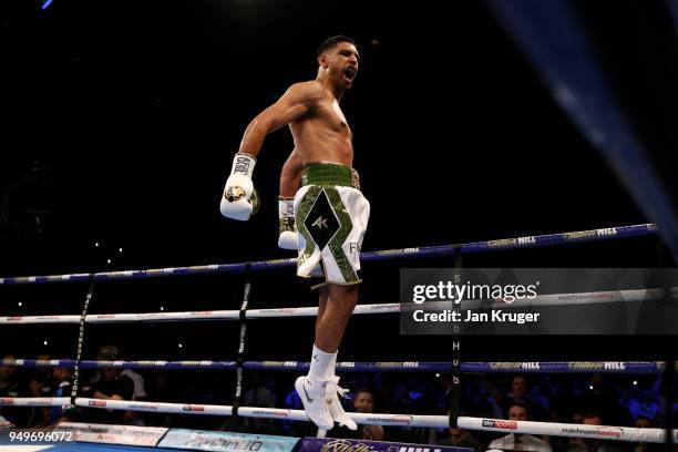 Amir Khan of England celebrates after winning his Super Welterweight bout against Phil Lo Greco of Italy at Echo Arena on April 21, 2018 in...