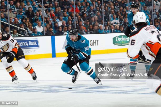 Mikkel Boedker of the San Jose Sharks skates with the puck against the Anaheim Ducks in Game Three of the Western Conference First Round during the...