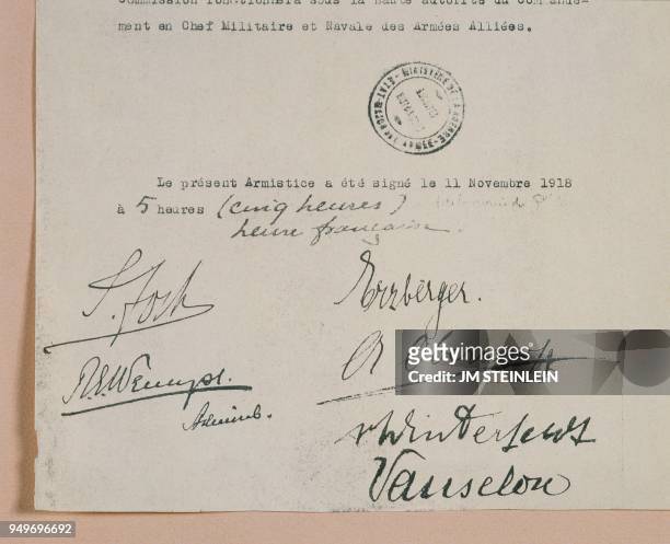 The signatures on the last page of the Armistice of 11 November 1918, signed at Le Francport near Compiègne, France, and ending the First World War....
