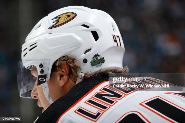 Hampus Lindholm of the Anaheim Ducks looks on during the game against the San Jose Sharks in Game Three of the Western Conference First Round during...
