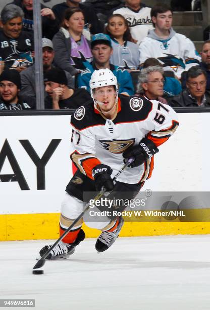 Rickard Rakell of the Anaheim Ducks skates against the San Jose Sharks in Game Three of the Western Conference First Round during the 2018 NHL...