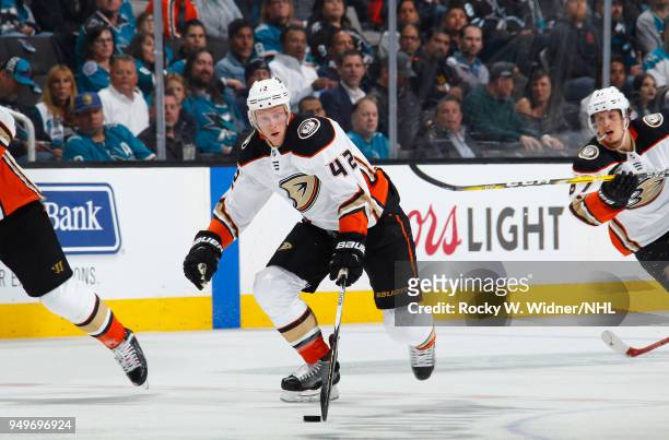 Josh Manson of the Anaheim Ducks skates with the puck against the San Jose Sharks in Game Three of the Western Conference First Round during the 2018...