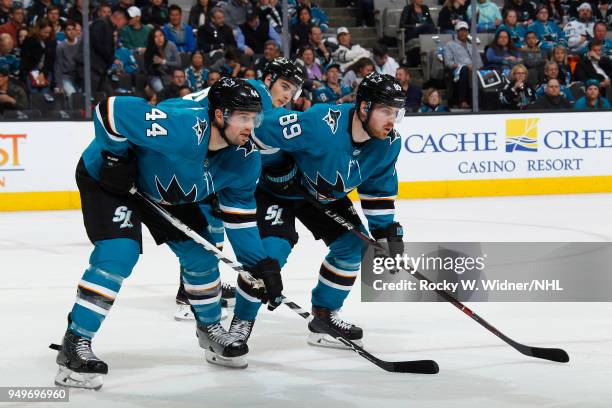 Marc-Edouard Vlasic and Mikkel Boedker of the San Jose Sharks skate against the Anaheim Ducks in Game Three of the Western Conference First Round...