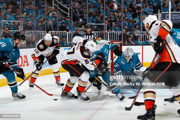 Rickard Rakell of the Anaheim Ducks skates against Justin Braun of the San Jose Sharks in Game Three of the Western Conference First Round during the...