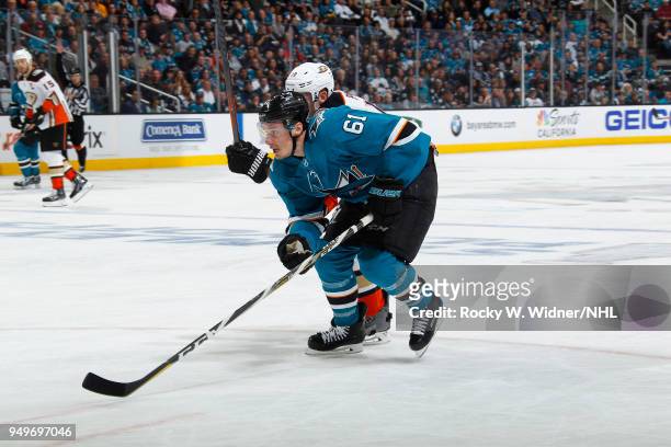 Justin Braun of the San Jose Sharks skates against the Anaheim Ducks in Game Three of the Western Conference First Round during the 2018 NHL Stanley...