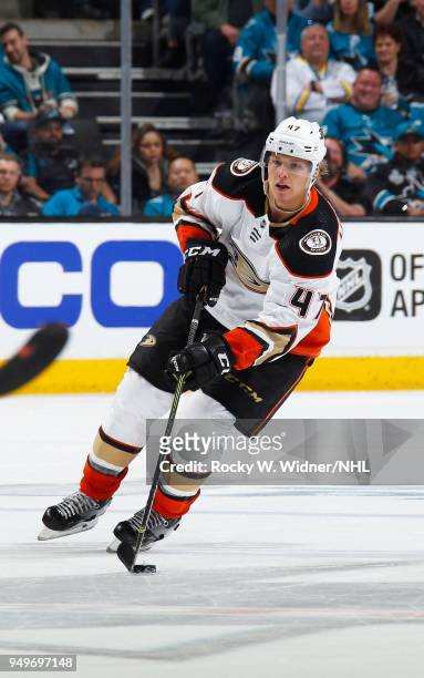 Hampus Lindholm of the Anaheim Ducks skates with the puck against the San Jose Sharks in Game Three of the Western Conference First Round during the...