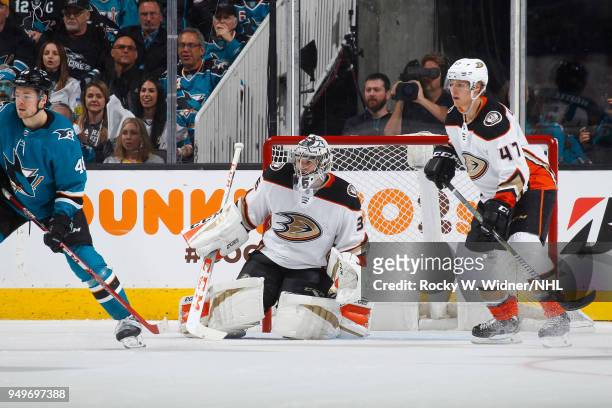 John Gibson of the Anaheim Ducks defends the net against the San Jose Sharks in Game Three of the Western Conference First Round during the 2018 NHL...