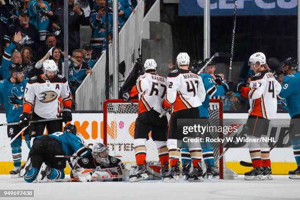 John Gibson of the Anaheim Ducks defends the net against the San Jose Sharks in Game Three of the Western Conference First Round during the 2018 NHL...