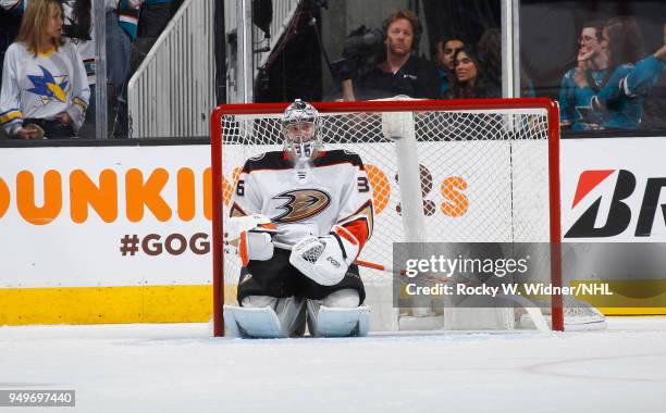 John Gibson of the Anaheim Ducks defends the net against the San Jose Sharks in Game Three of the Western Conference First Round during the 2018 NHL...