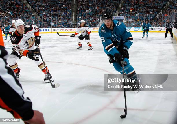 Melker Karlsson of the San Jose Sharks skates with the puck against the Anaheim Ducks in Game Three of the Western Conference First Round during the...