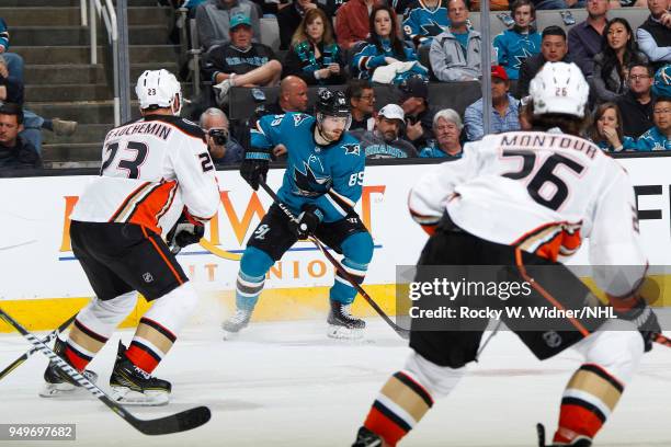 Mikkel Boedker of the San Jose Sharks skates against the Anaheim Ducks in Game Three of the Western Conference First Round during the 2018 NHL...